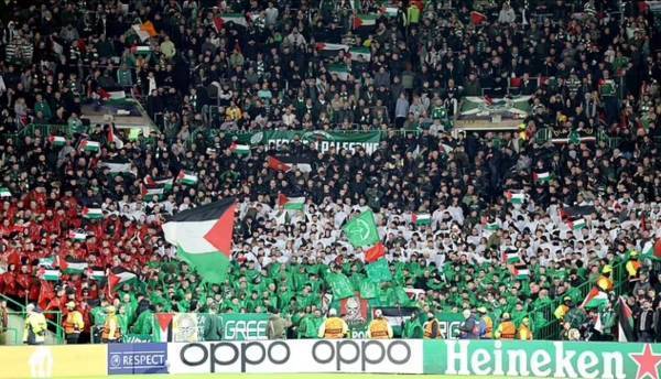 无视俱乐部禁令，凯尔特人球迷在看台上高举挥舞巴勒斯坦国旗