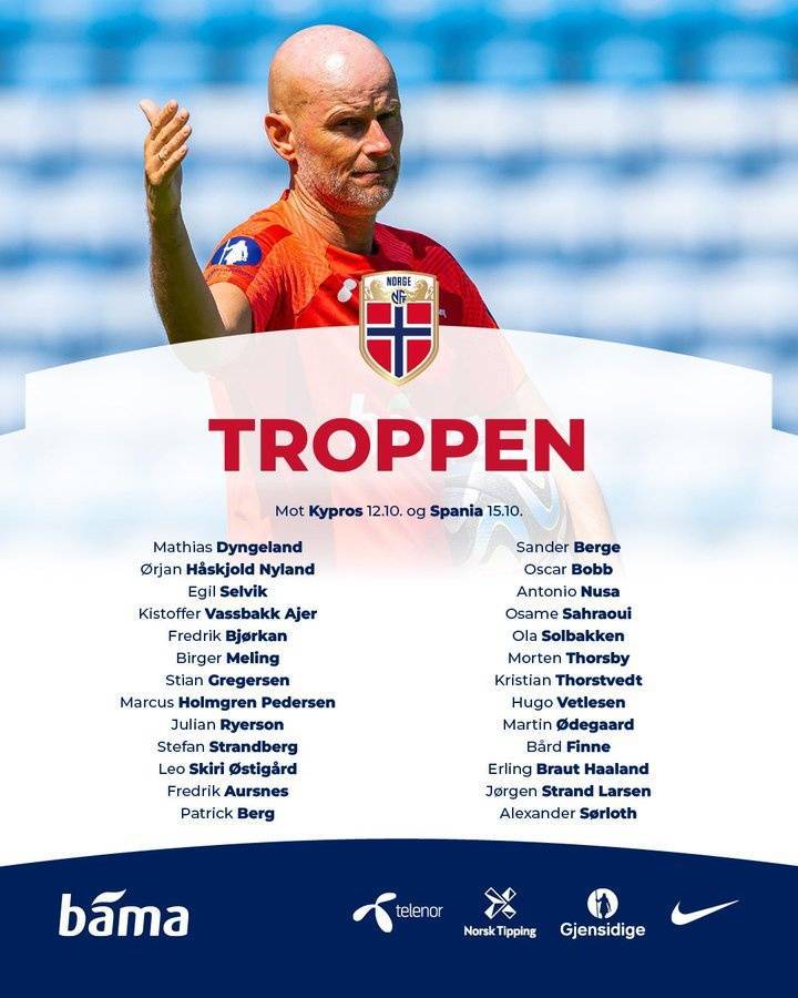 挪威欧洲杯预选赛预选赛战塞浦路斯amp;西班牙大名单：埃林·哈兰德 amp;厄德高领衔